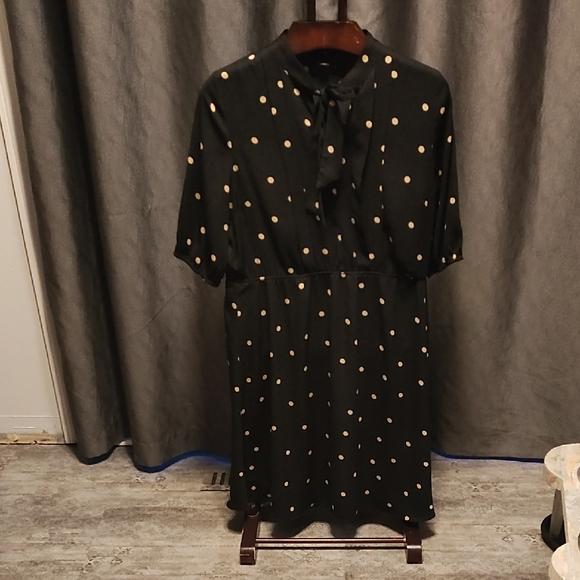 RW&CO. Dresses & Skirts - RW&CO. Black Midi Dress with Cream Polka Dots and Tie Neck